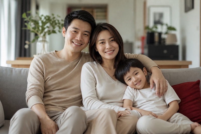 ครอบครัวคนไทยนั่งด้วยกันในบ้าน สื่อถึงแผนประกันชีวิตและสุขภาพที่คุ้มครองครบด้าน